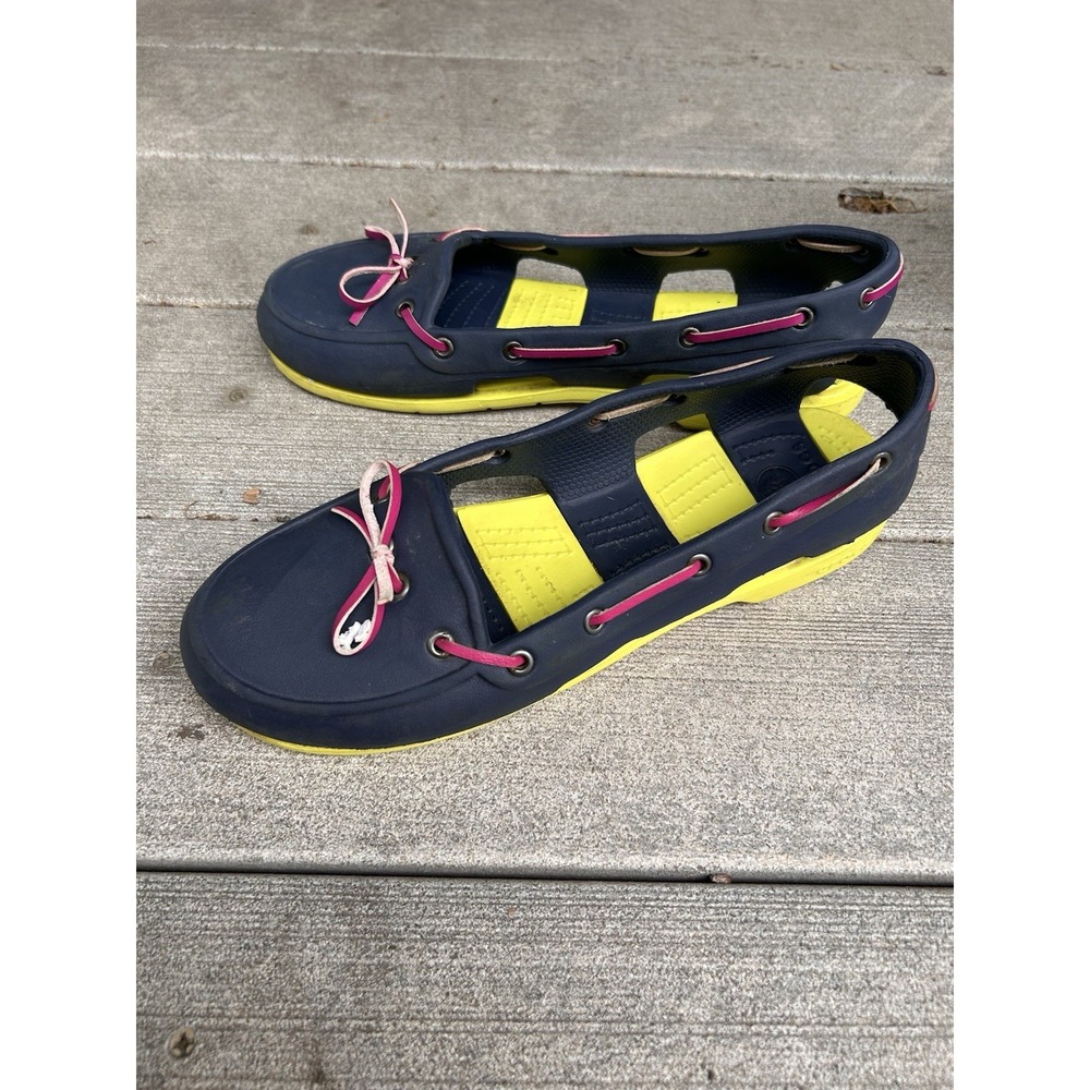 Crocs Beach Line Boat Shoe Navy Yellow Pink Womens Size 9 Nautical Slip On‎